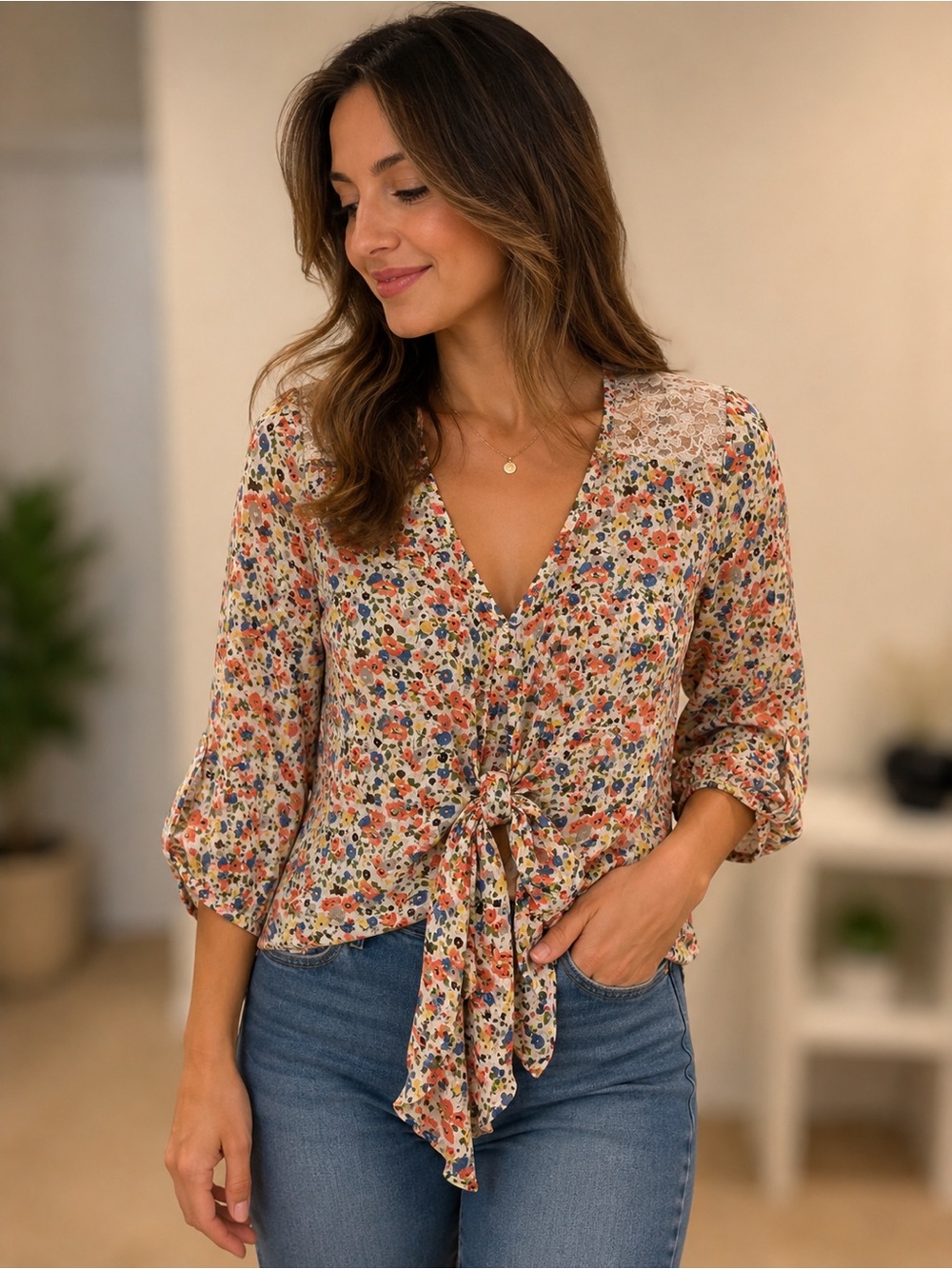 American Rag Size Small Floral Tie-Front Women’s Blouse w lace accent